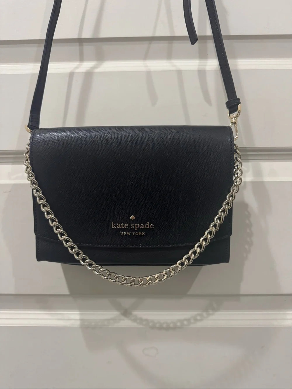 kate spade Black Saffiano Leather Crossbody with Gold Chain